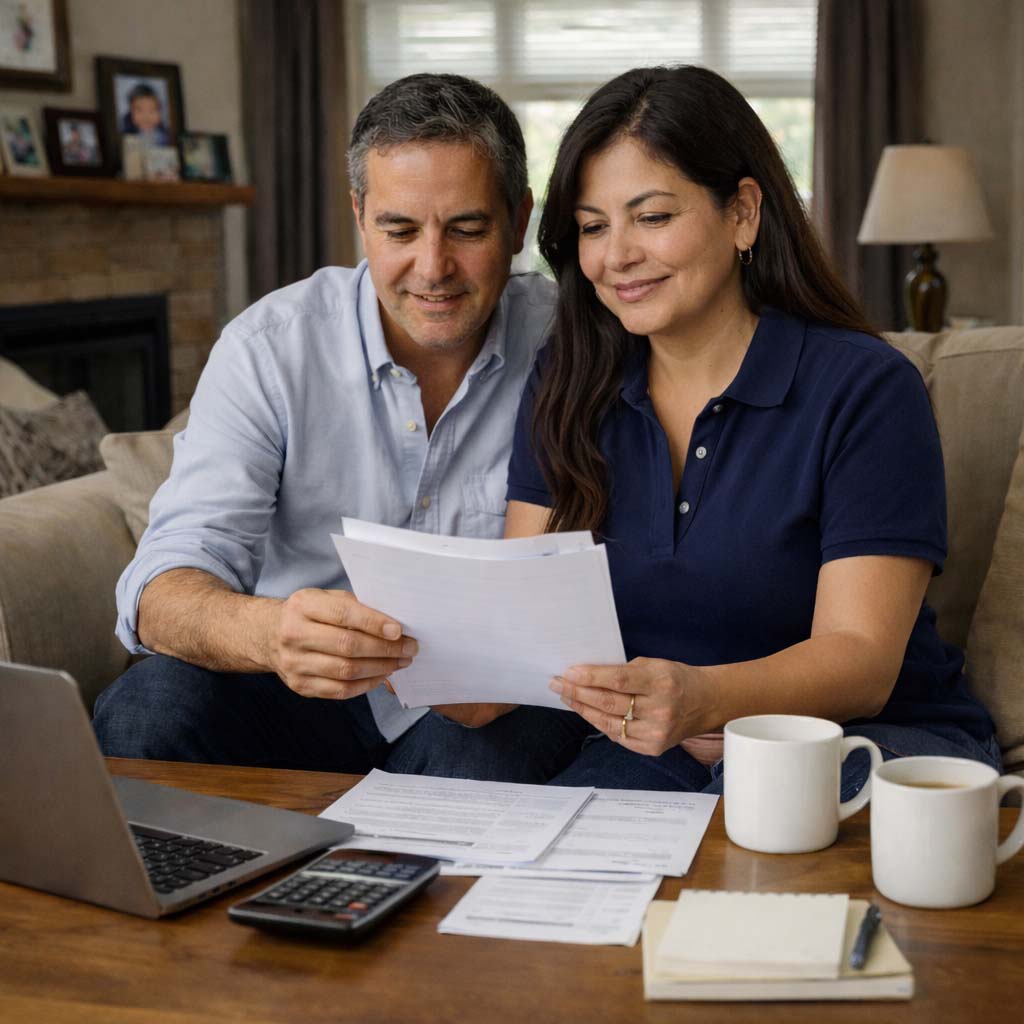 Ontario homeowners reviewing mortgage renewal paperwork at home