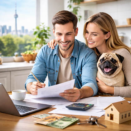 Ontario homeowners reviewing refinance documents and a monthly budget at a kitchen table